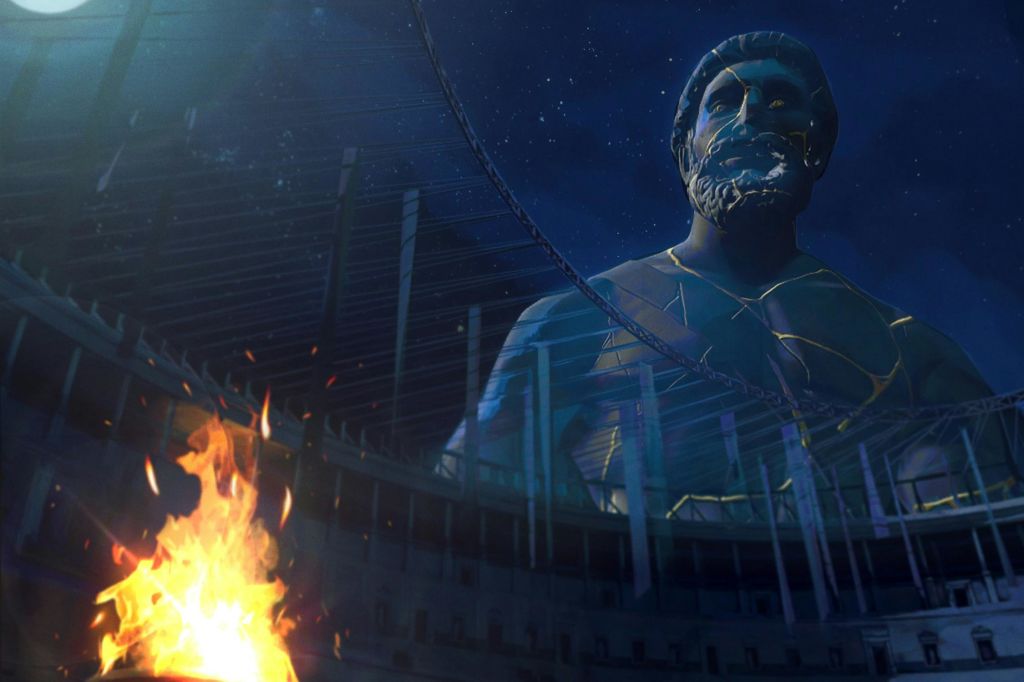 왼쪽에 불이 붙은 야간 경기장 장면 위에 수염을 기른 인물의 커다란 동상 머리가 겹쳐졌다.