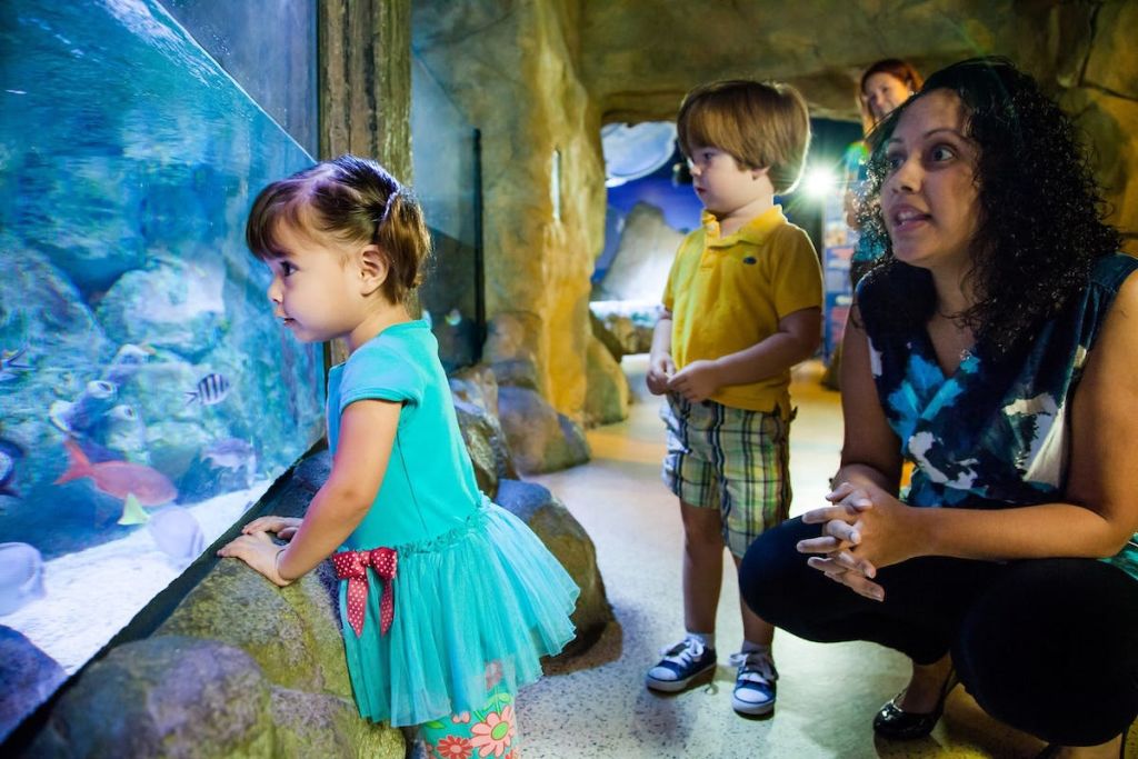 밝게 빛나는 동굴 같은 환경에서 한 여성이 두 명의 어린 아이 옆에 웅크리고 있습니다. 아이들은 화려한 의상을 입습니다.