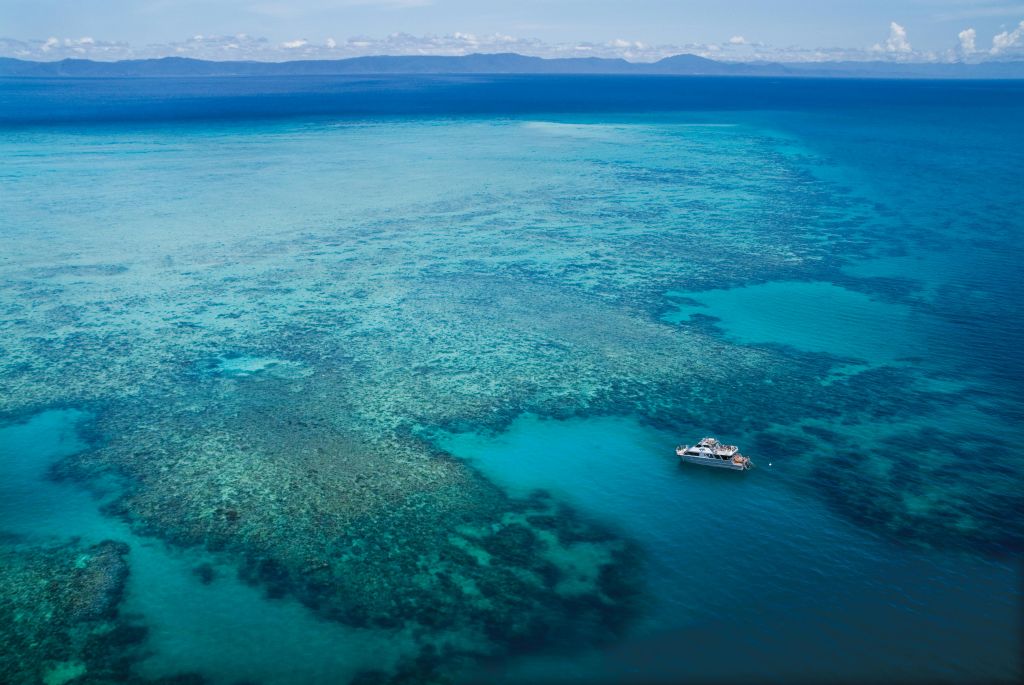 청록색의 맑은 바다 위에 외로운 보트가 떠 있으며, 아래로는 산호초가 보이고 수평선에는 먼 산이 있습니다.
