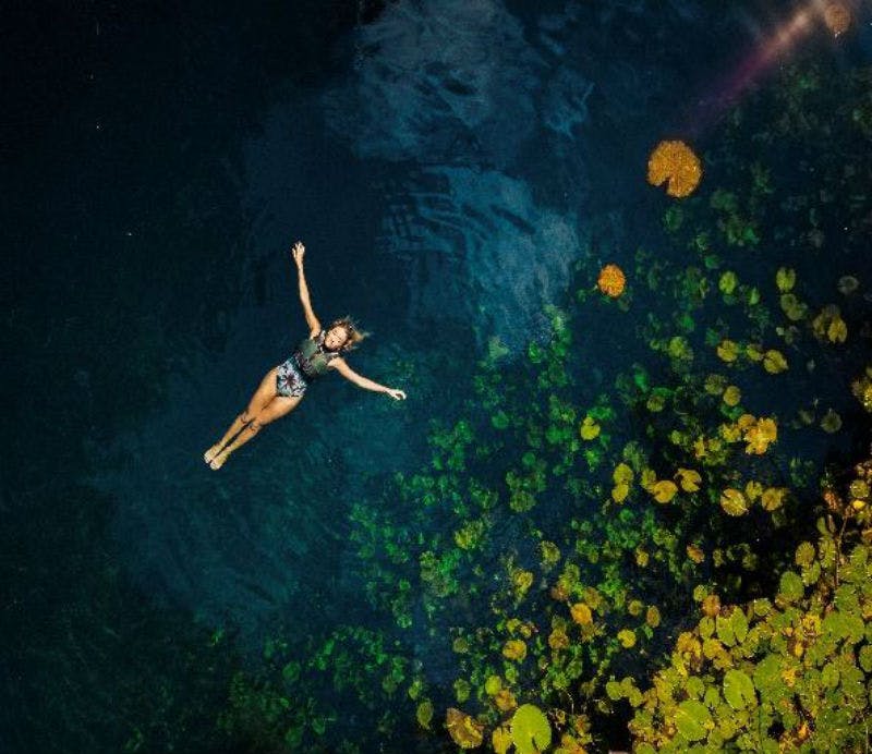 한 사람이 녹색과 노란색 백합 패드 근처의 맑고 어두운 물에 등을 대고 떠 있습니다.