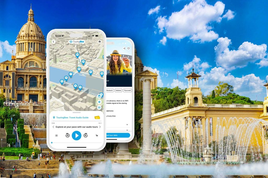 역사적인 건물과 분수를 배경으로 여행 앱 인터페이스가 표시된 두 개의 겹치는 스마트폰 화면.
