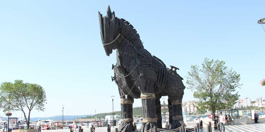 밧줄이 달린 커다란 나무 말 조각상이 맑은 하늘 아래 바닷가 근처의 야외 공간에 서 있습니다.