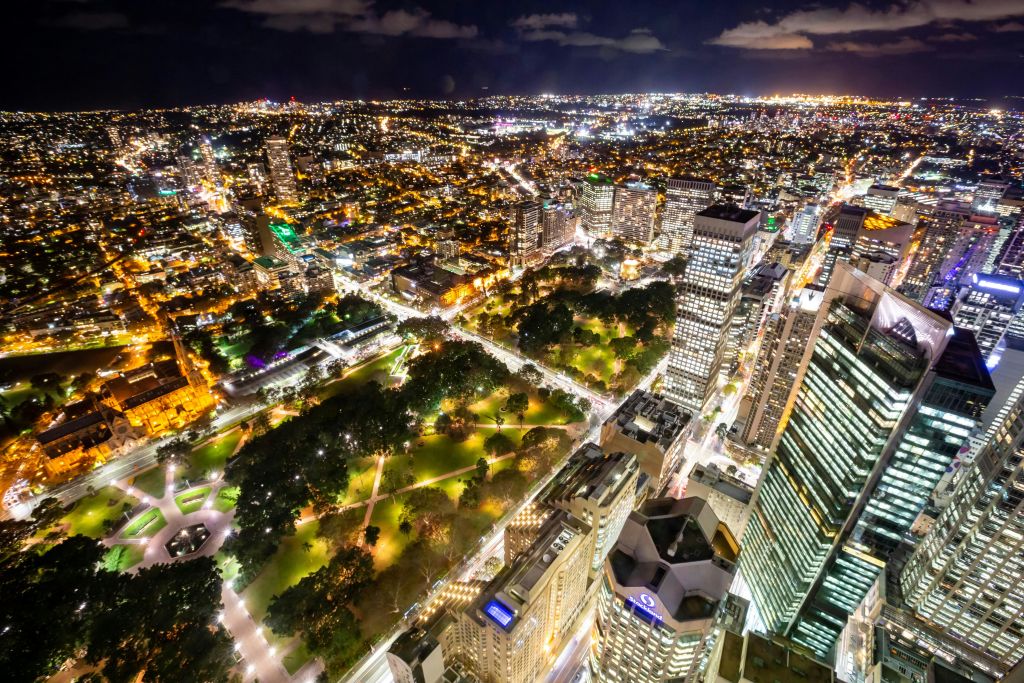 야간에 조명이 켜진 건물, 거리, 길과 나무가 있는 크고 조명이 켜진 공원이 있는 도시의 공중 전망을 감상할 수 있습니다.