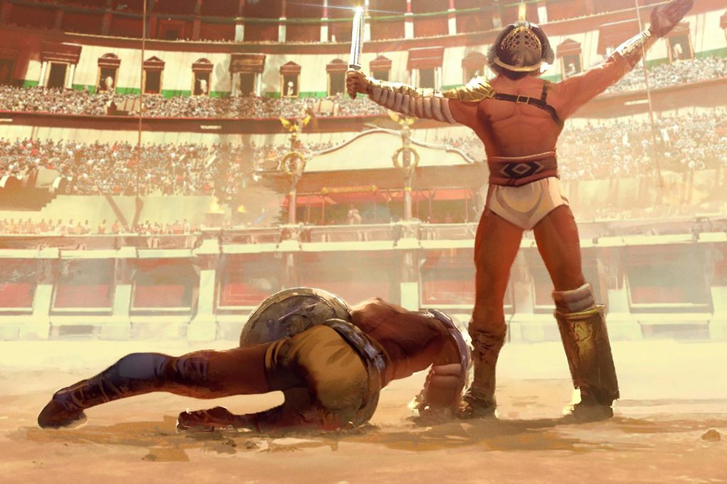 승리의 검투사가 검을 들고 경기장에 서 있고, 다른 검투사가 바닥에 쓰러져 있습니다.