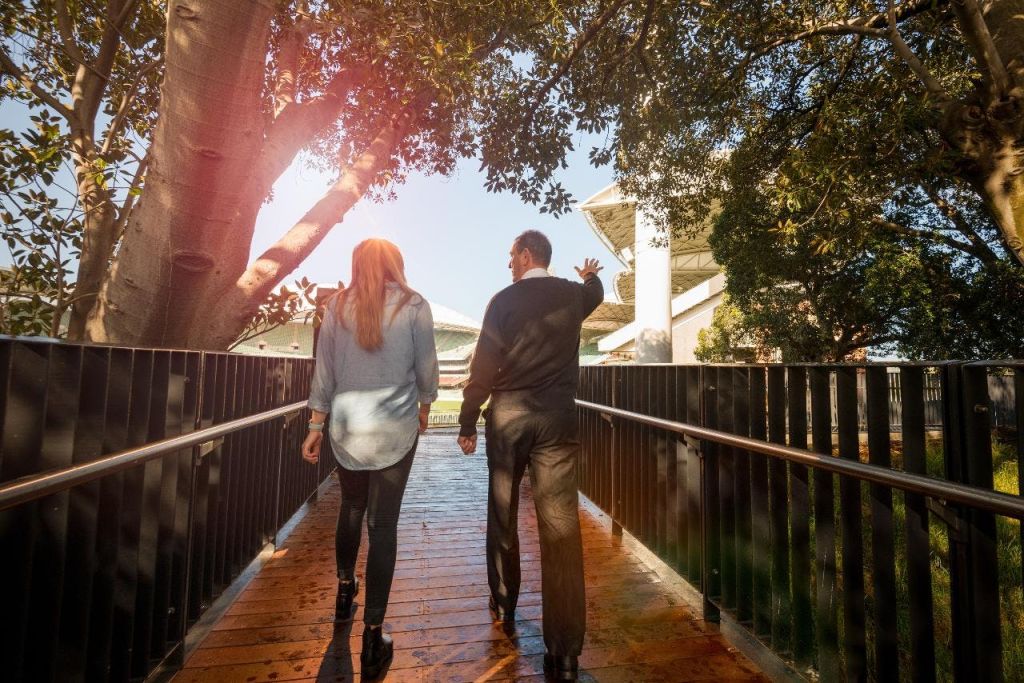 나무 아래 나무다리를 걷고 있는 두 사람이 배경이 된 경기장을 향해 걸어가고 있습니다. 한 사람이 손으로 제스처를 취합니다.