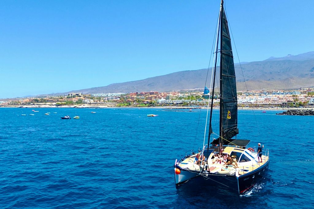 맑은 하늘 아래 배경에 해안 마을과 언덕이 보이는 잔잔한 푸른 바다에서 승객과 함께하는 요트입니다.