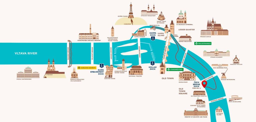 프라하 지도에는 블타바 강, 카를교, 구시가지 광장, 여러 개의 부두와 같은 명소가 있습니다.