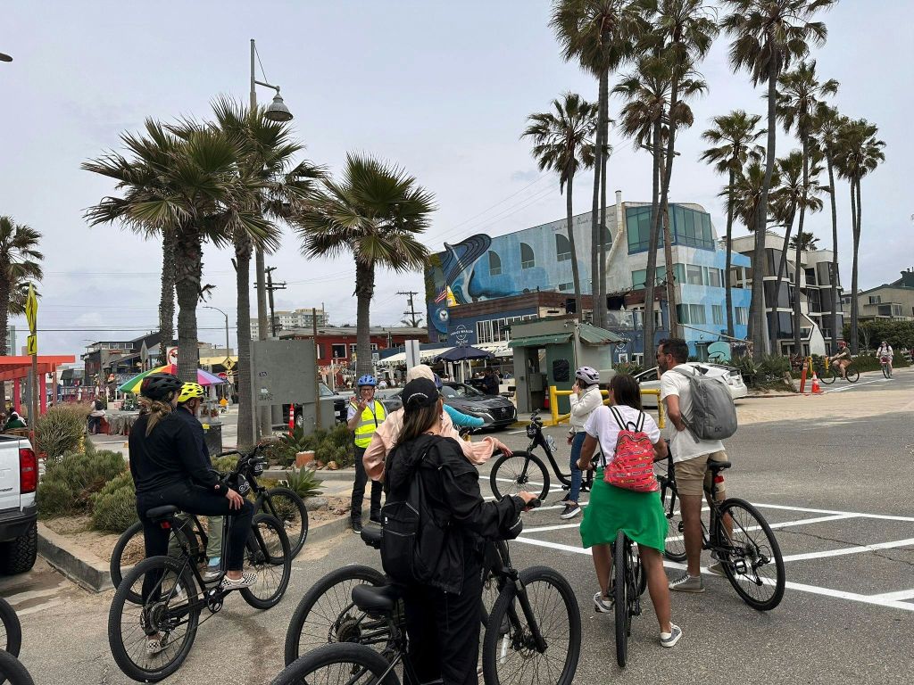 야자수와 형형색색의 건물이 늘어선 해안 산책로를 배경으로 자전거를 타는 사람들의 발길이 이어집니다.