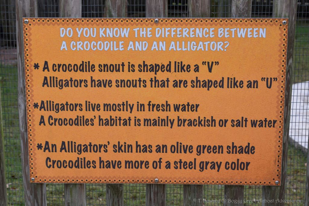 콧구멍 모양, 서식지, 피부색 등 악어와 악어의 차이점을 설명하는 표지판.