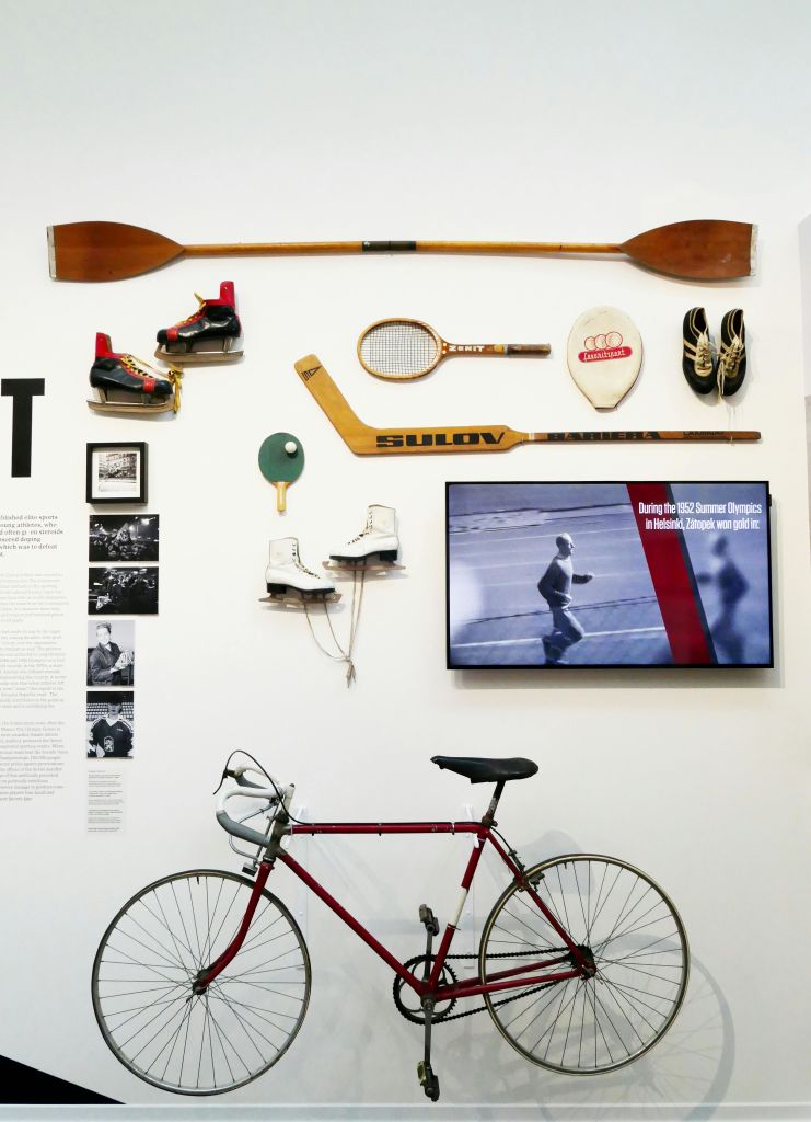 나무 패들, 테니스 라켓, 아이스 스케이트, 자전거 등 스포츠 장비가 전시된 벽면으로, 스포츠 행사를 보여주는 TV 화면이 있습니다.