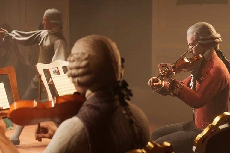 18세기 복장을 한 두 남자가 바이올린을 연주하고 있으며, 조명이 희미하고 화려한 방에 앉아 있습니다.