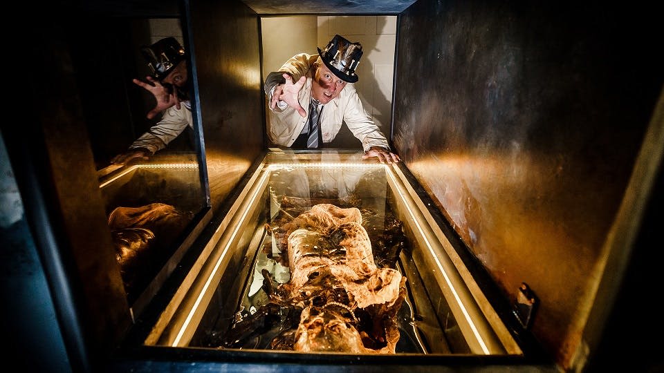 유리 아래 해골이 있는 공간을 기어다니는 소름끼치는 과학자
