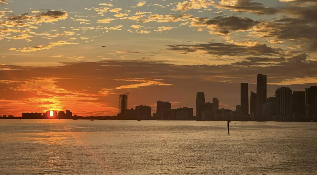 하늘에는 비행기, 전경에는 잔잔한 물, 흩어져 있는 구름과 함께 도시의 스카이라인 위로 지는 석양.