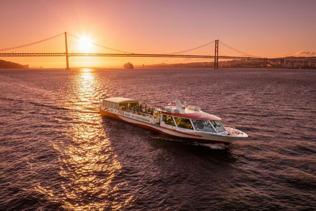 석양이 지는 강에서 관광 보트가 미끄러지며, 커다란 현수교가 배경으로 보입니다.