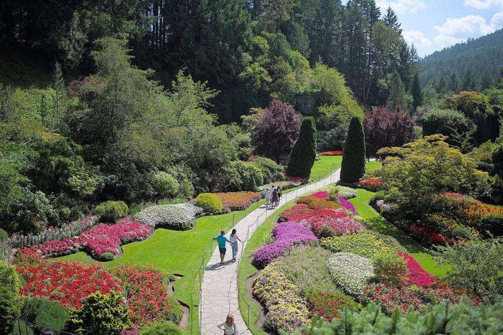다채로운 색상의 화단, 높은 나무, 수풀이 어우러진 활기찬 정원을 가로지르는 길이 펼쳐집니다. 사람들이 길을 따라 걸으며 풍경을 즐깁니다.