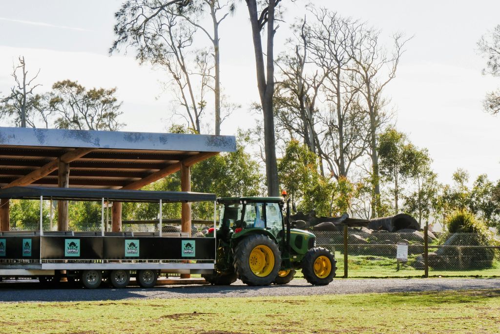 '더 스테이션 (The Station)' 이라는 이름의 트랙터 트레일러 탑승 출발 구역 - 티켓 가격에 예정된 차량 서비스 포함