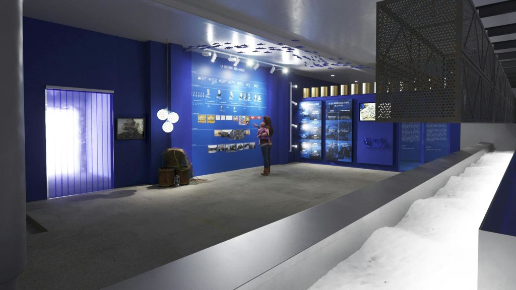 현대적이고 조명이 밝은 박물관 전시관에서 한 여성이 역사적인 사진과 텍스트가 담긴 파란색 벽 디스플레이를 살펴보고 있습니다.