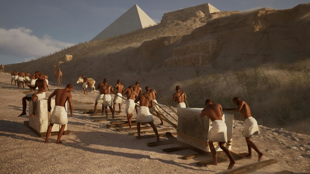 등나무보를 입은 일꾼들이 썰매에 밧줄이 달린 돌 블록을 당깁니다. 피라미드 근처에는 사막 풍경이 펼쳐져 있습니다.