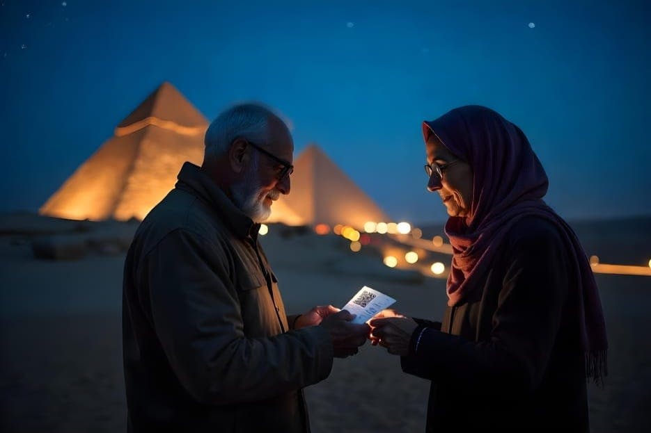 밝은 피라미드를 배경으로 어두운 환경에서 빛나는 QR 코드를 살펴보는 두 사람.