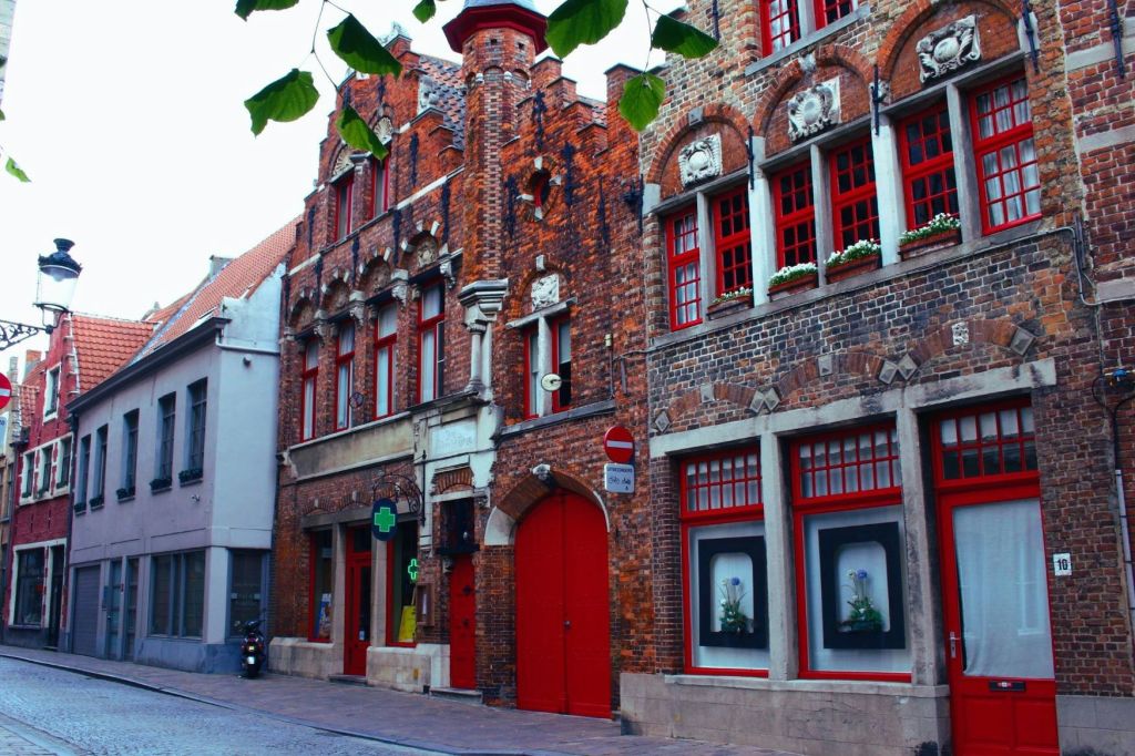 빨간색 문과 창문이 있는 오래된 벽돌 건물이 줄지어 있으며, 약국 표지판과 녹색 십자가가 있는 건물이 있습니다. 위에 나뭇잎이 매달려 있습니다. 조용한 거리.