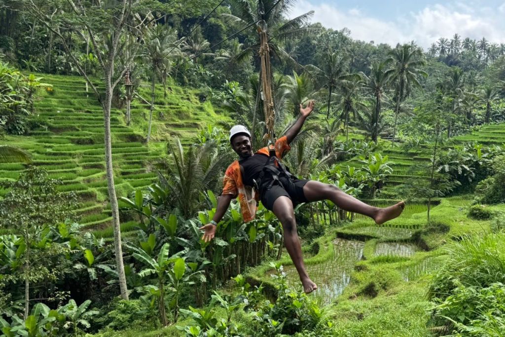 푸른 논 전망을 감상하며 집라인 타기