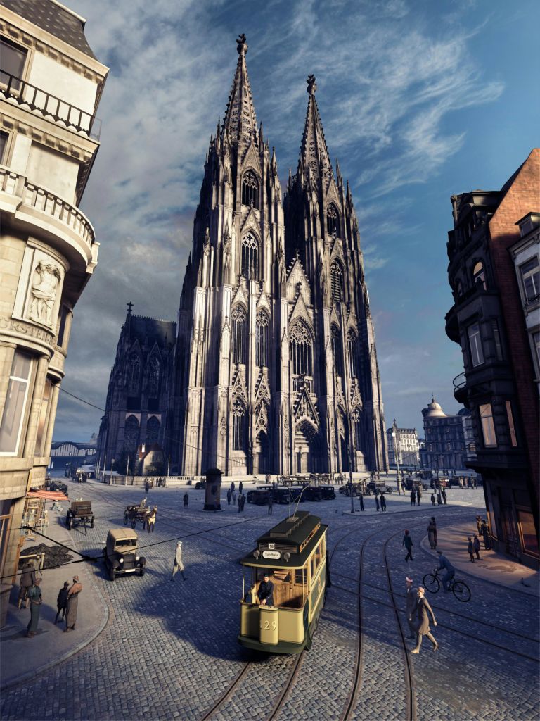 사람들은 부분적으로 흐린 하늘 아래 역사적인 건물로 둘러싸인 커다란 고딕 성당 근처에서 트램을 타고 걷습니다.