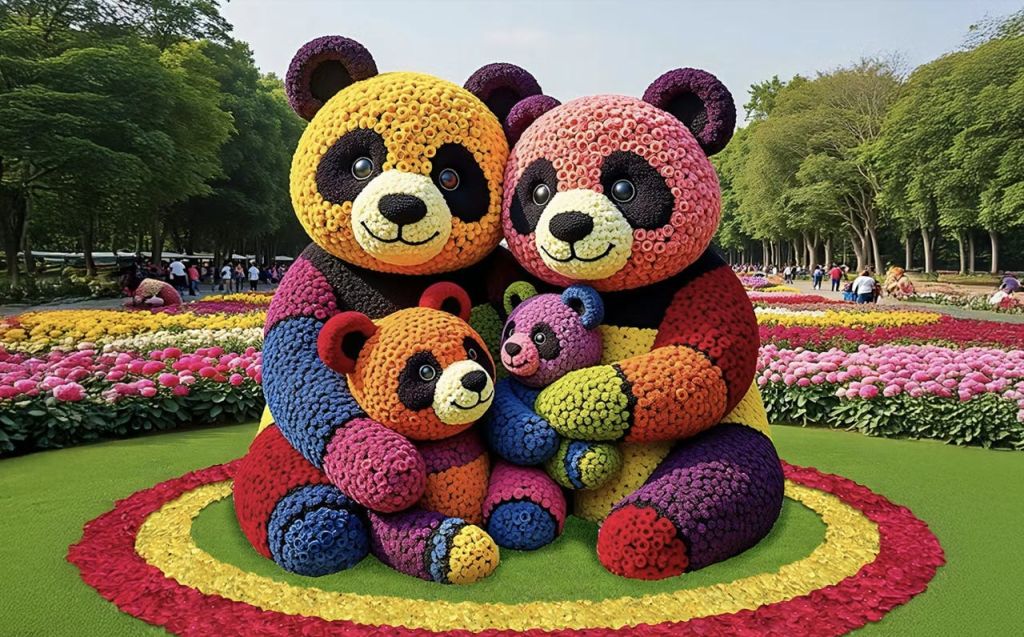 공원의 활기찬 화단에 둘러싸인 팬더 가족의 화려한 꽃 조각입니다.