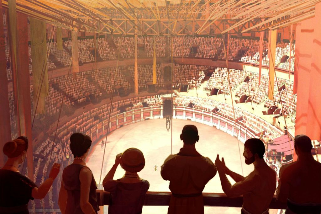 고대 복장을 한 네 명이 발코니에서 원형 극장을 바라보고 있으며, 아래에는 아레나 바닥이 보입니다.