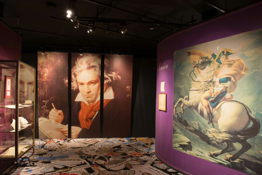 화려한 무늬의 바닥에 베토벤의 대형 초상화, 전시 케이스 및 정보 패널을 전시하는 희미한 조명 박물관 전시.