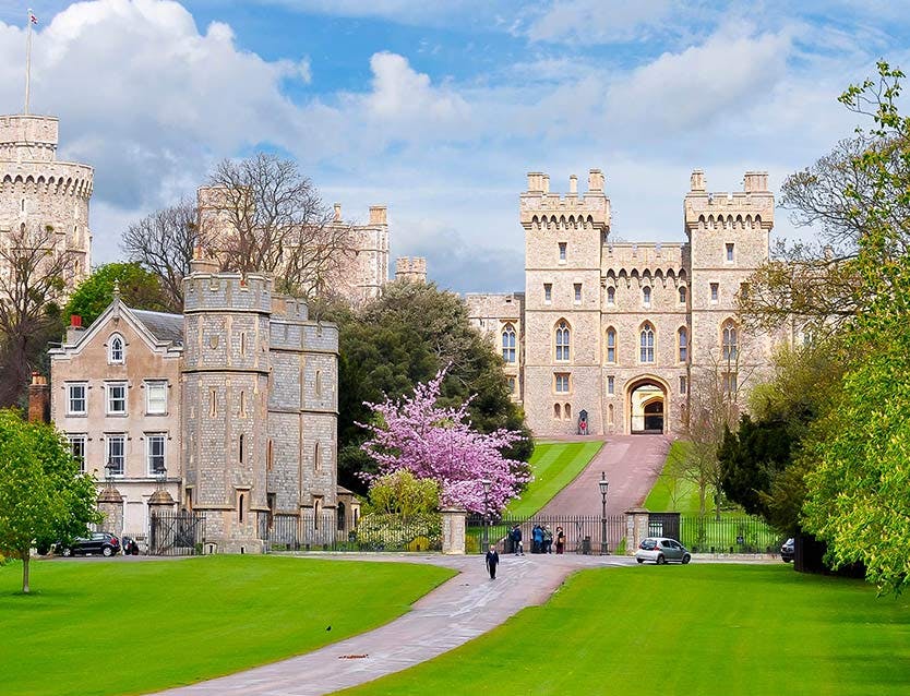 석탑이 있는 장엄한 성, 커다란 아치길, 푸르른 잔디밭, 통로, 부분적으로 흐린 하늘 아래 분홍색 나무가 피어 있습니다.