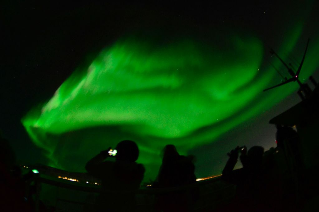 보트를 타고 초록색 북극광을 바라보는 승객의 실루엣.