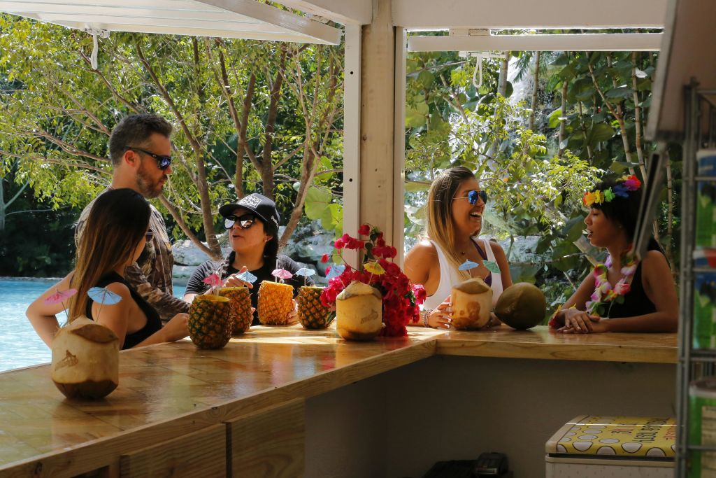 나무를 배경으로 수영장 근처의 야외 바에서 코코넛과 파인애플을 곁들인 음료를 즐기는 네 명.