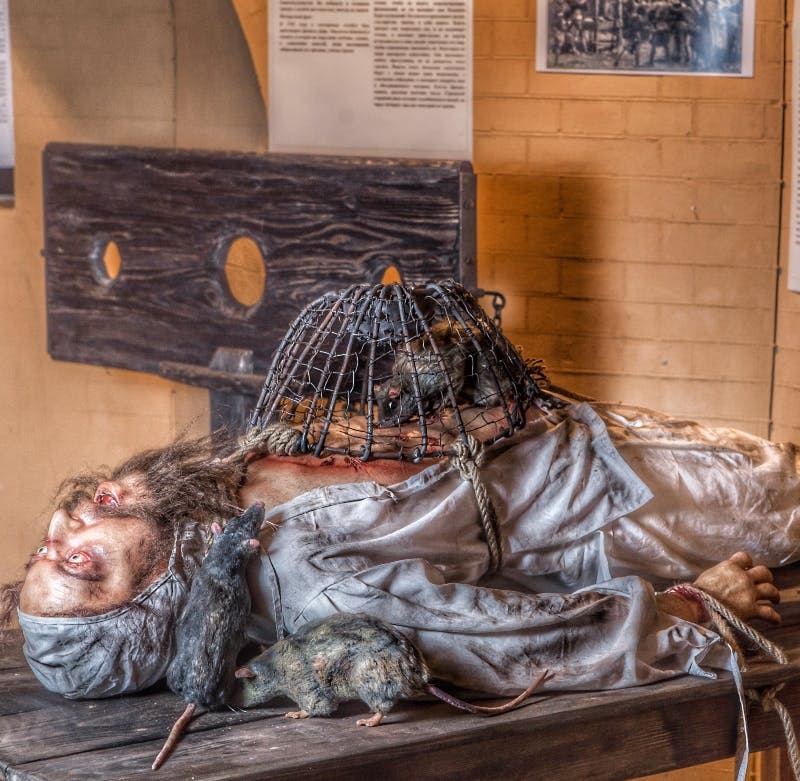 중세 복장을 한 마네킹이 나무 테이블에 누워 있고, 그 위에 쥐가 있고 가슴에는 새장이 놓여 있으며, 역사적인 전시물이 있습니다.