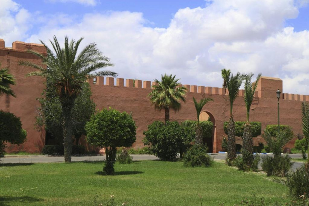 부분적으로 흐린 하늘 아래 테라코타 색 벽 앞에 푸른 잔디, 야자수, 덤불이 있는 정원.