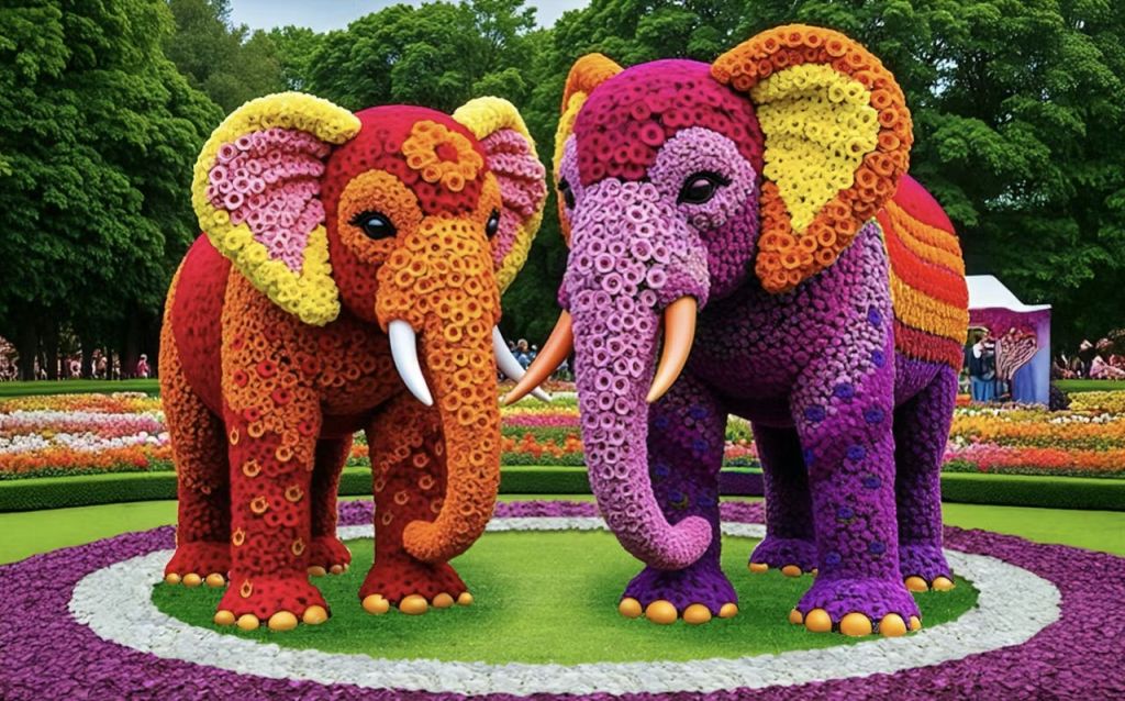 꽃으로 만든 두 개의 화려한 코끼리 조각이 정원에 전시되어 있습니다.