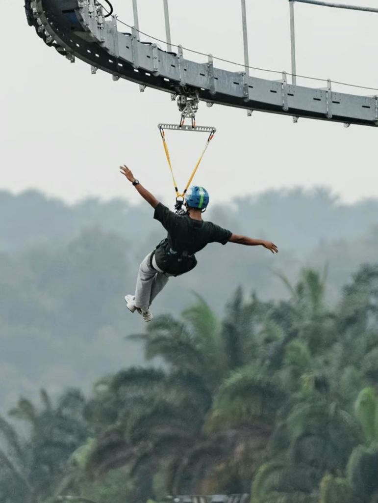 헬멧을 착용한 사람이 숲 위에 지퍼 라이닝을 하고 팔을 쭉 뻗은 채 그 위에 금속 트랙이 있습니다.