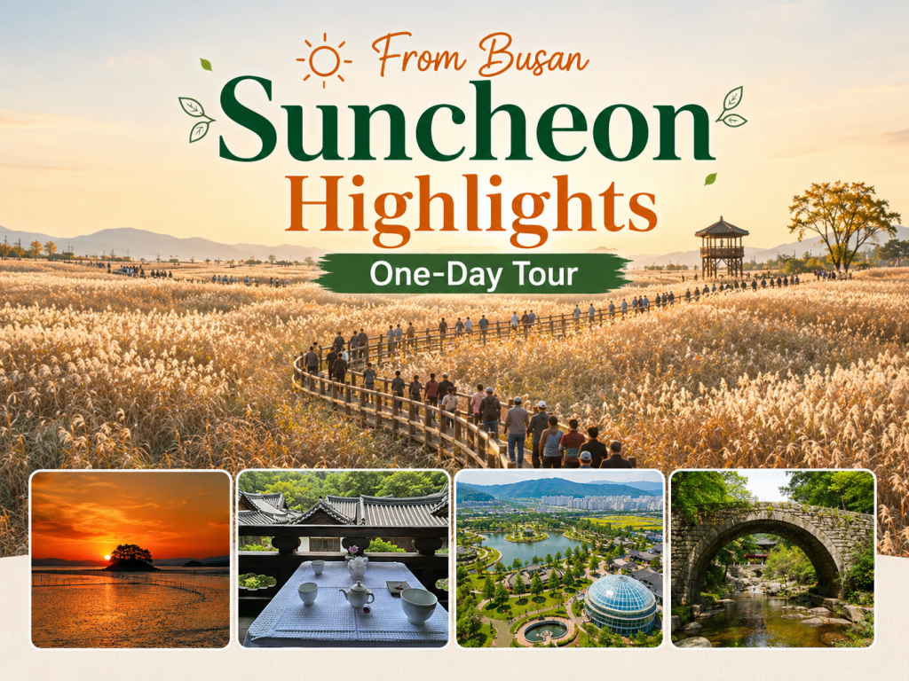[Departing from Busan] Suncheon Highlights One-Day Tour | Suncheon Bay National Garden · Suncheon Bay Wetland · Waon Beach Sunset · Seonamsa Temple