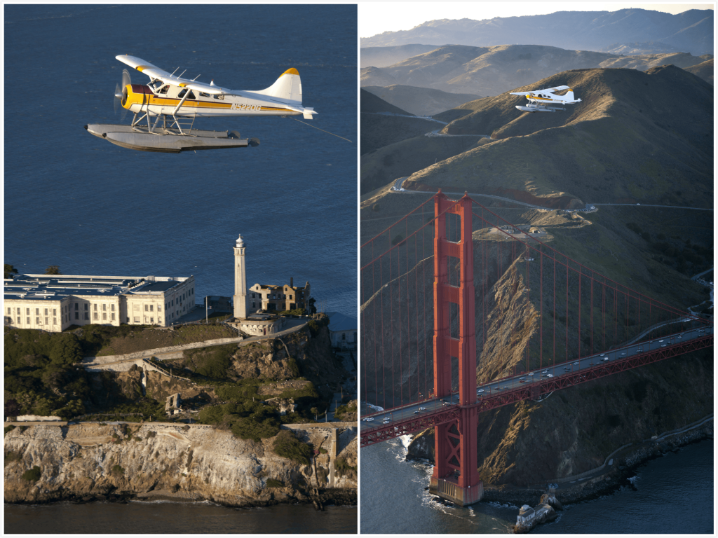 왼쪽의 Alcatraz Island, 오른쪽의 금문교 근처를 비행하는 동일한 비행기.