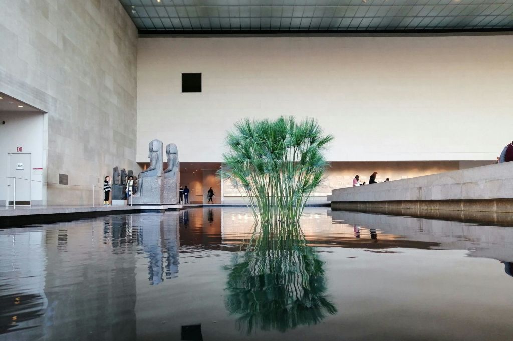 중앙에 높은 녹색 식물이 있는 실내 반사 연못. 배경에는 조각상과 사람이 보입니다.