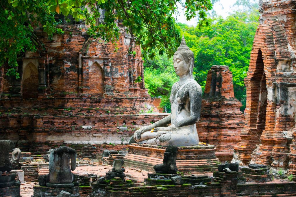 녹음과 나무로 둘러싸인 고대 벽돌 유적지 사이에 자리한 불상입니다.