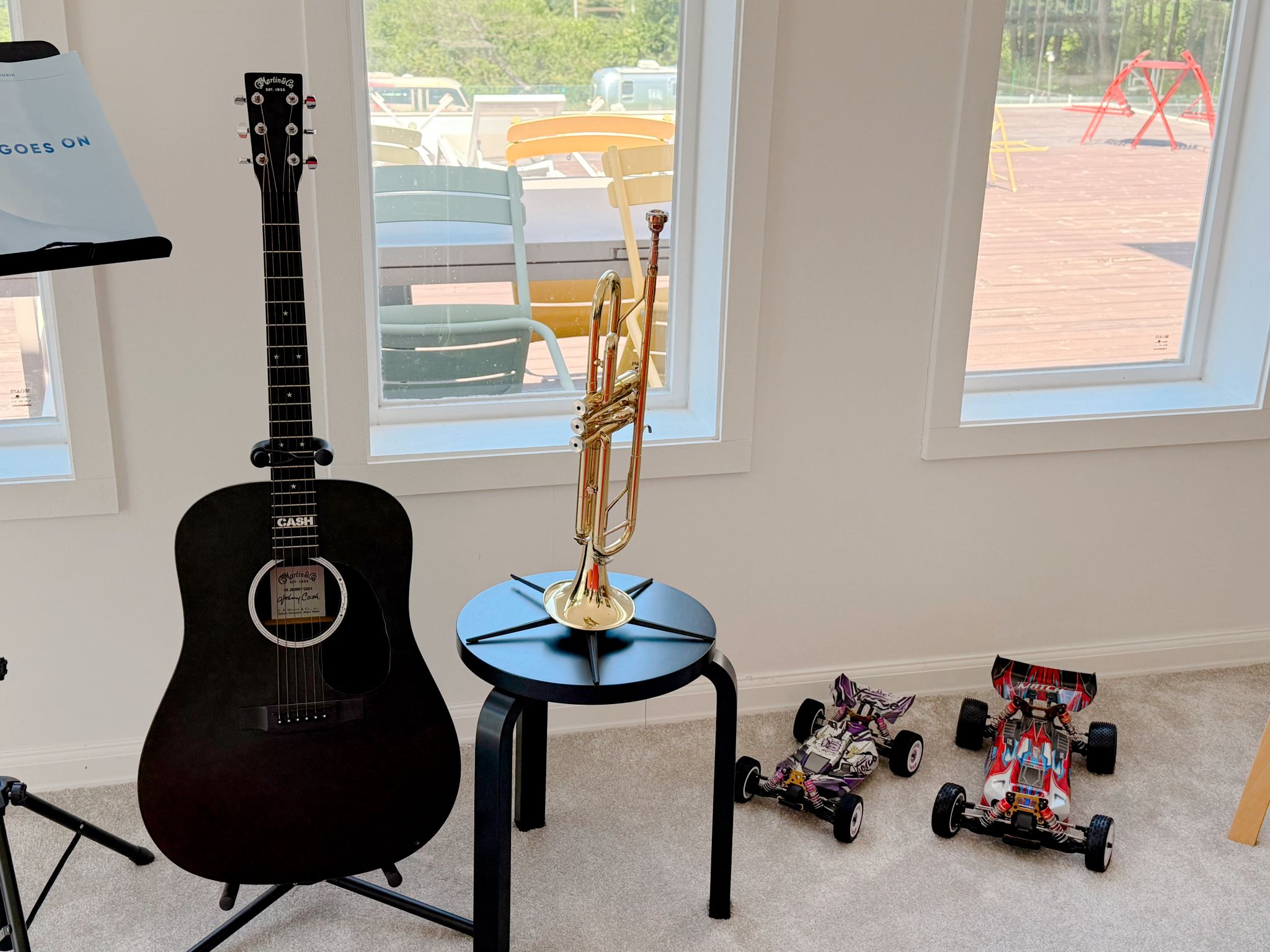 Guitar, trumpet, and RC car
