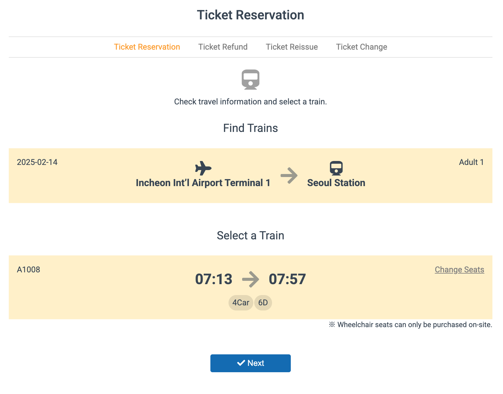 Check the time and seat number of your train