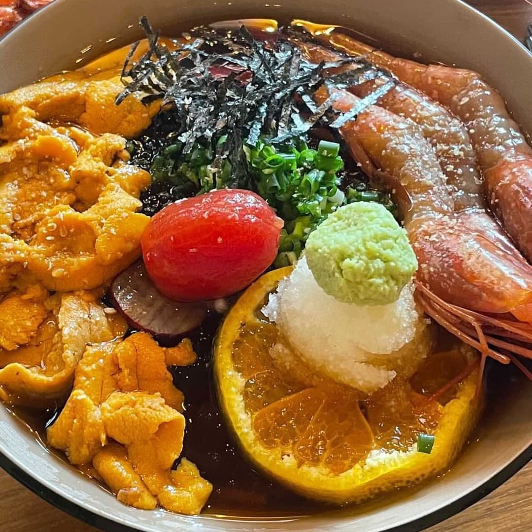 しょう油漬け甘エビ＆ウニの冷やしそば