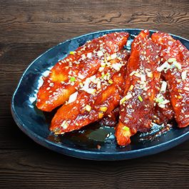 North Korean-style Bibim-mandus (spicy fried dumplings)