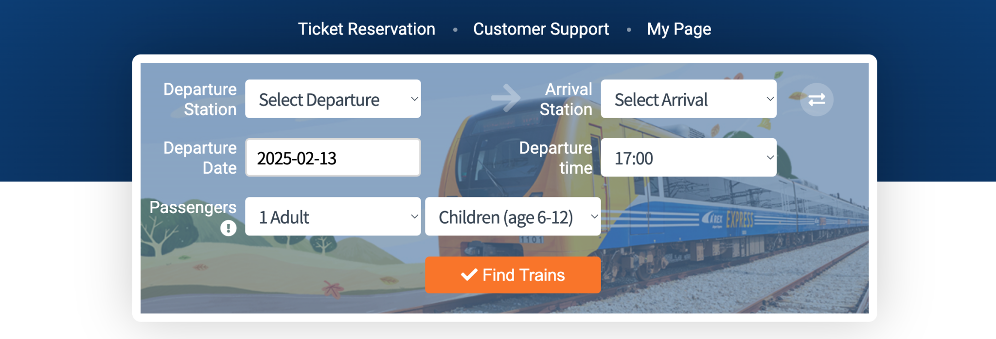 Search for trains on the official website