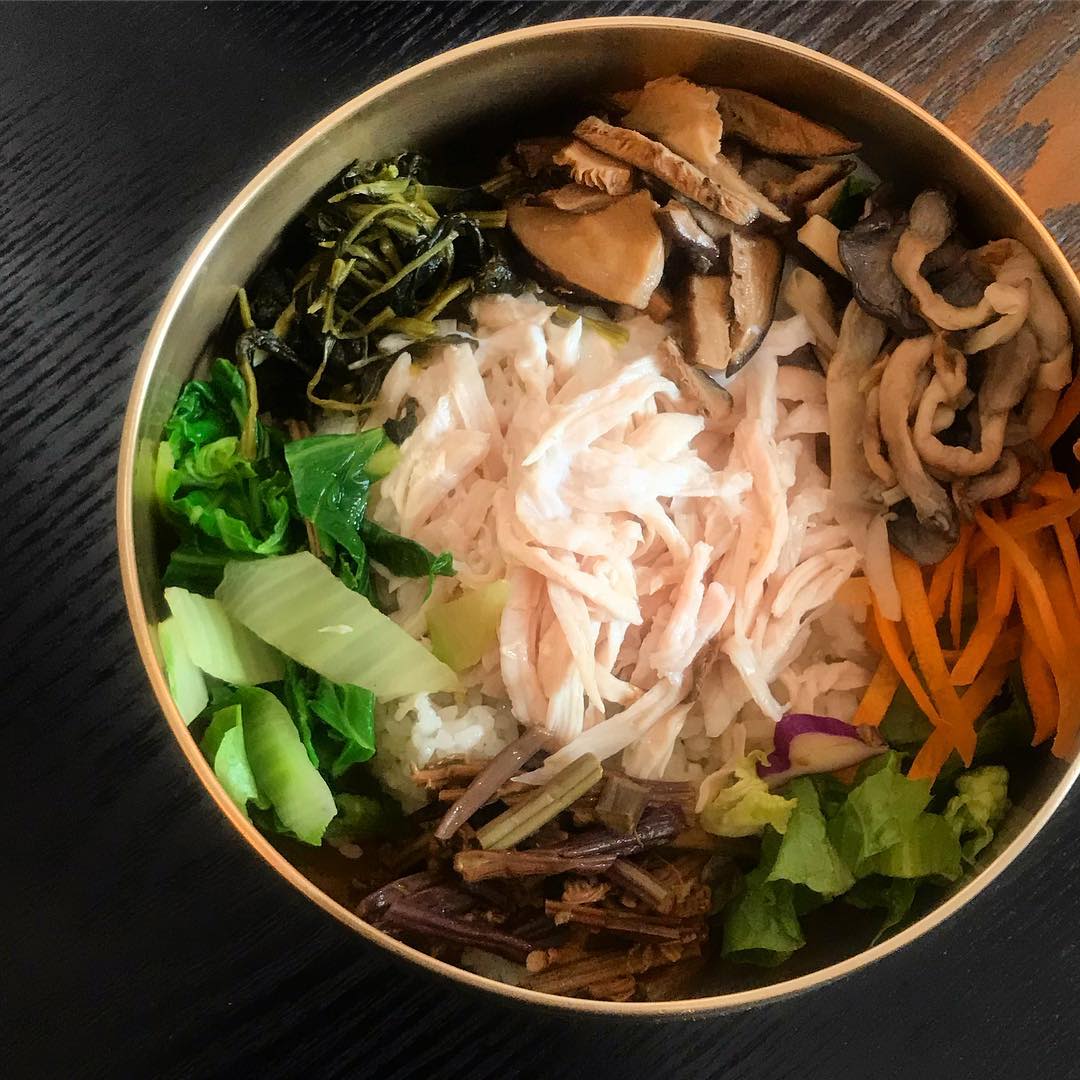 Chicken breast and poached egg Bibimbap with soy sauce