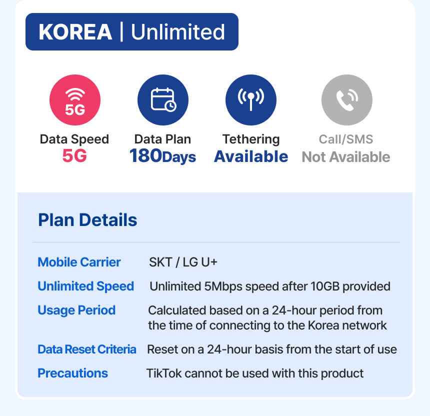 [Korea] eSIM – 5G Unlimited Data (KT/SKT)