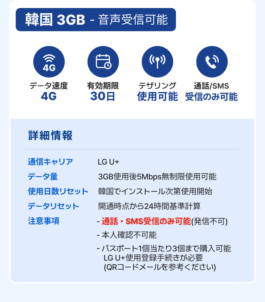 [弁当eSIM] 通話・SMS受信可能/ 韓国データ無制限eSIM