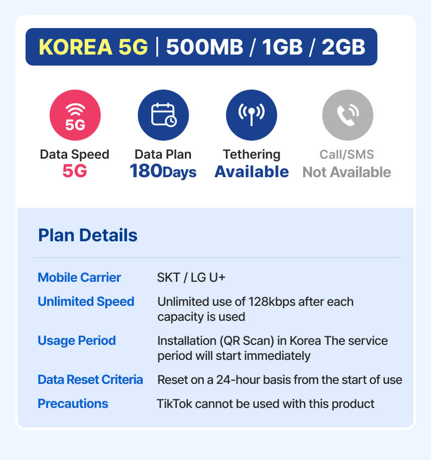 [Korea] eSIM – 5G Unlimited Data (KT/SKT)