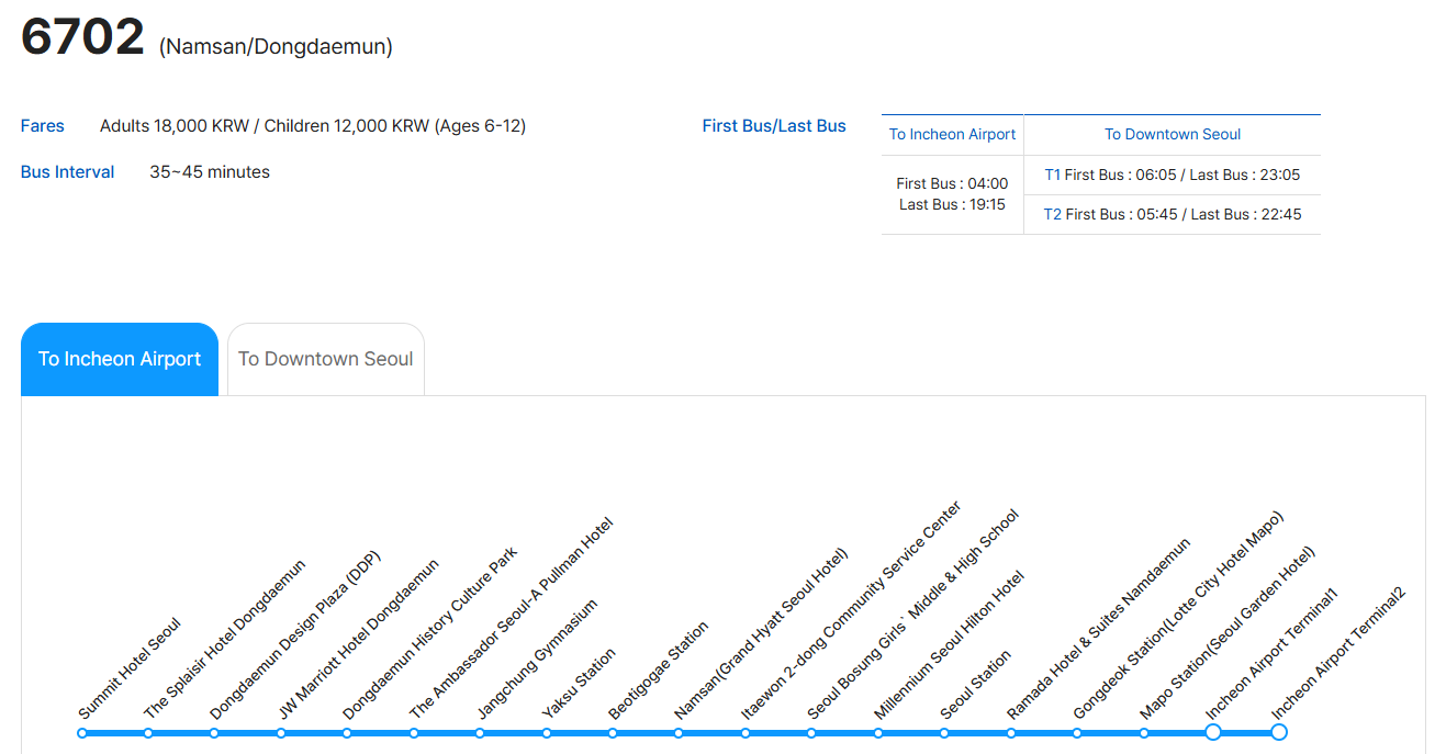 Incheon Airport ↔ Seoul Bus by K Limousine (One-way)